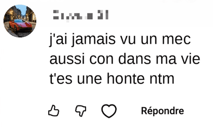 Commentaire haineux reçu, capture d'écran