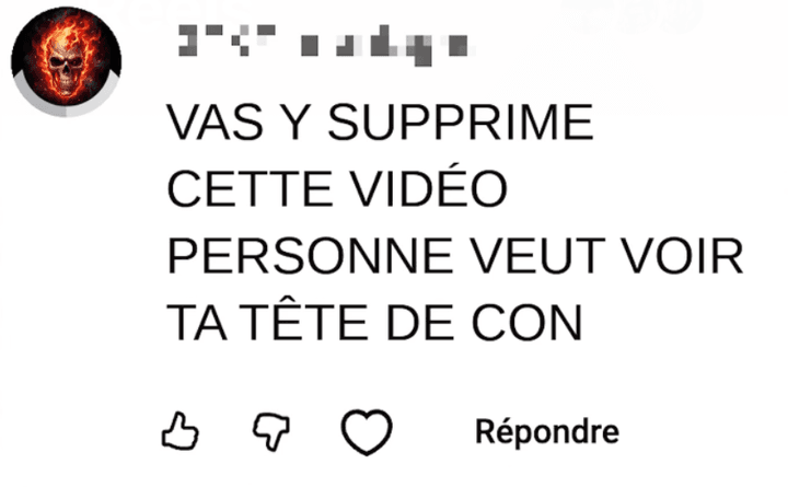 Commentaire haineux reçu, capture d'écran